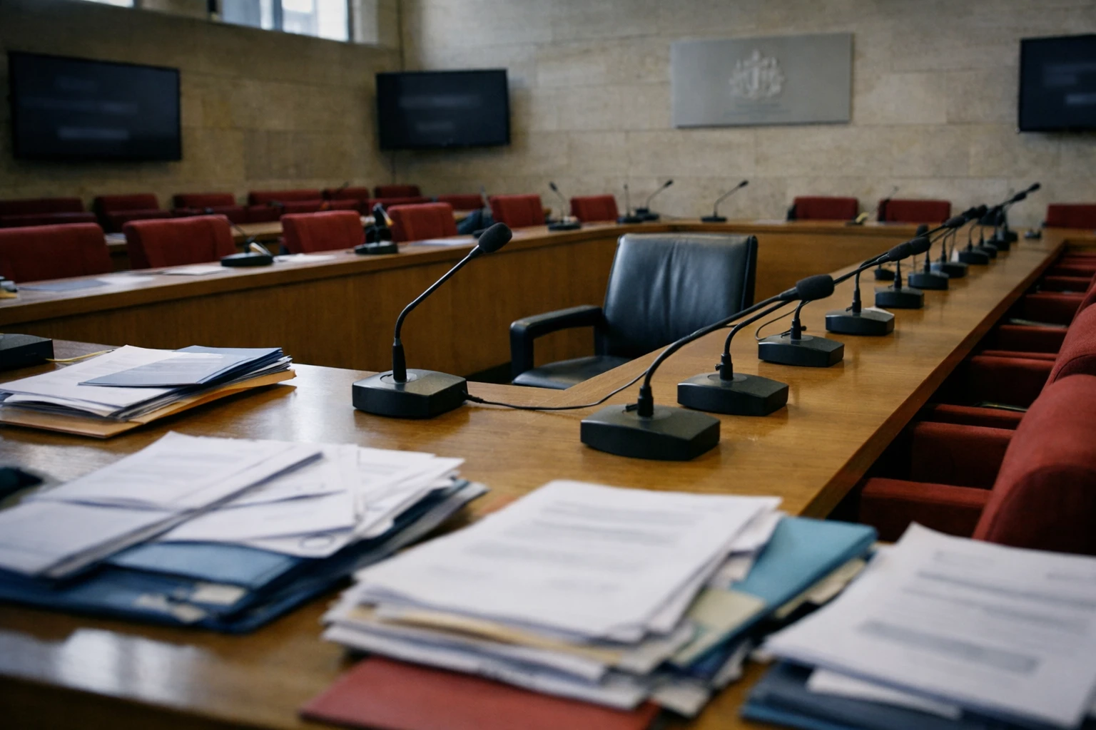 Salle de commission parlementaire française avec micros, sièges rouges et dossiers lors d’une audition institutionnelle