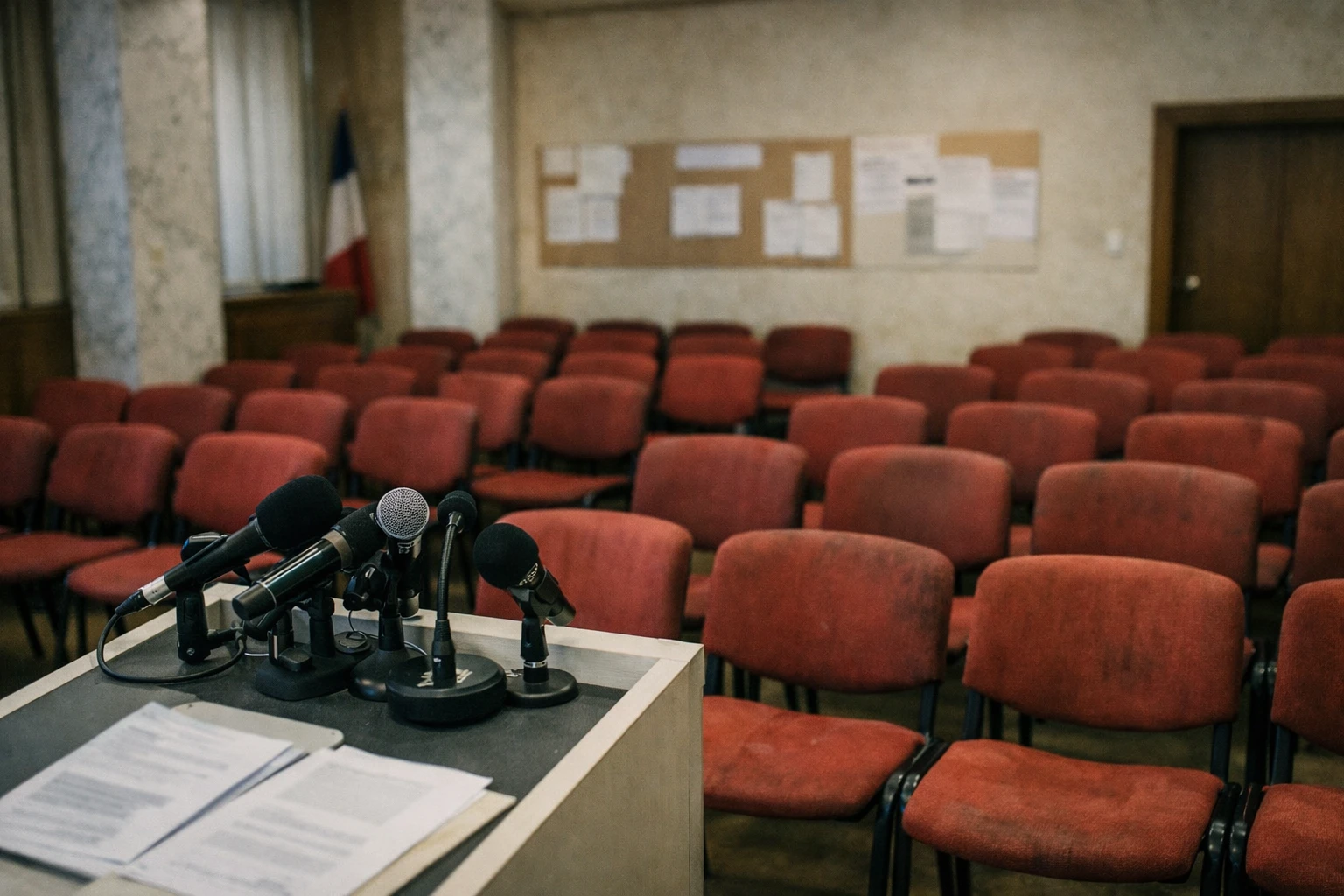 Salle de presse politique française vide avec pupitre, micros et rangées de chaises rouges