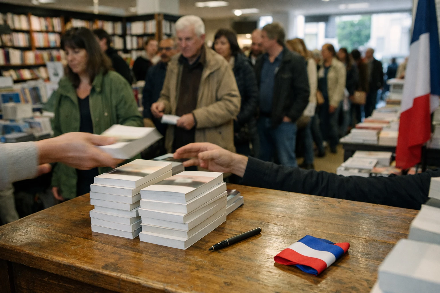 Séance de dédicaces politique dans une librairie bordelaise avec file d’attente et ambiance de campagne présidentielle