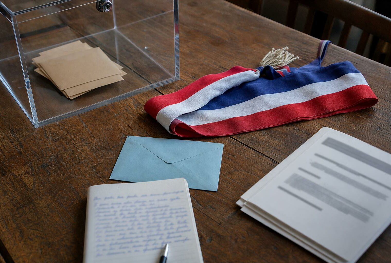 Table de campagne politique avec urne transparente et écharpe tricolore dans un contexte rural français