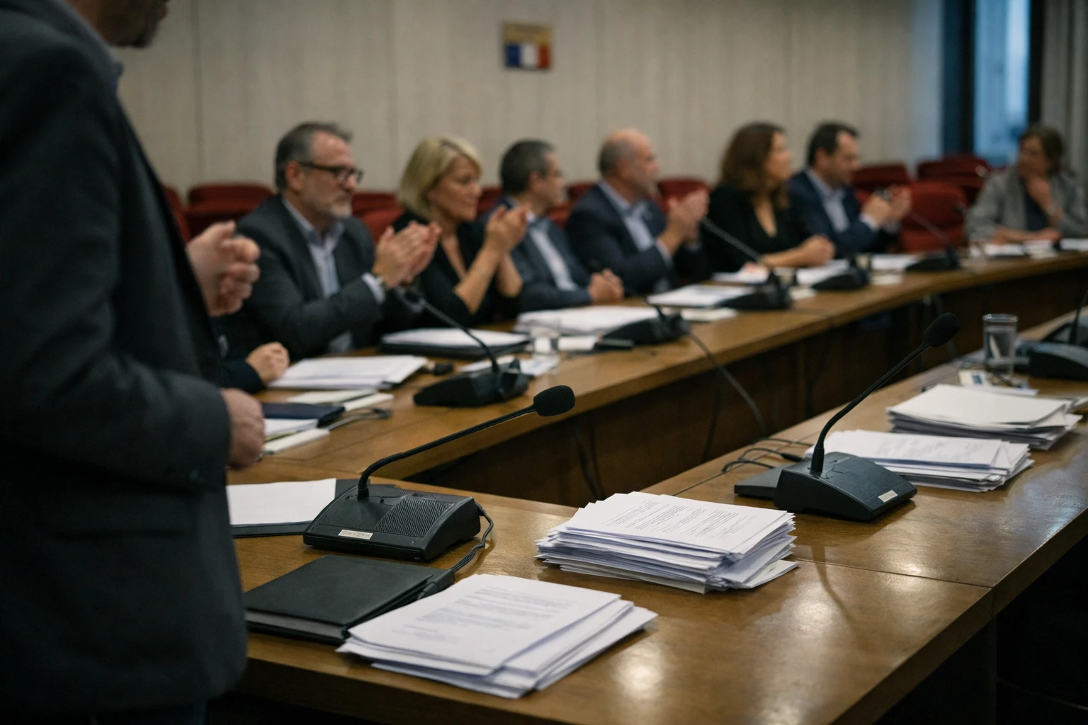 Réunion politique française avec des délégués votant dans une salle institutionnelle, vue de presse en format paysage.