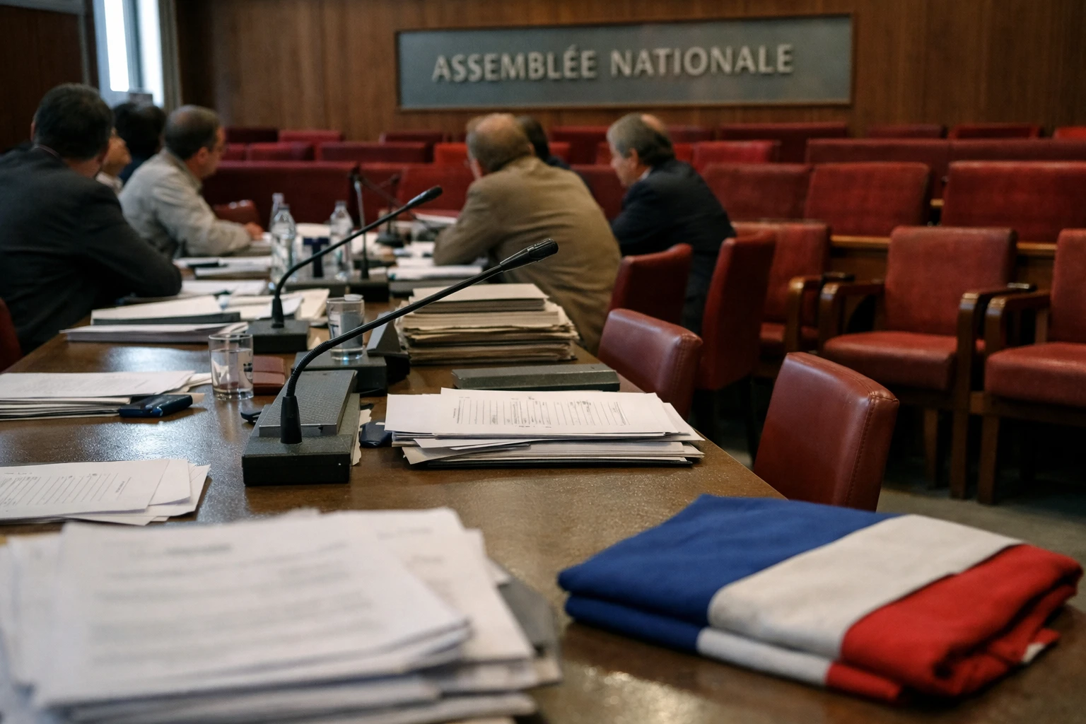 Réunion politique française dans une salle parlementaire, avec micros, dossiers flous et sièges rouges en arrière-plan.