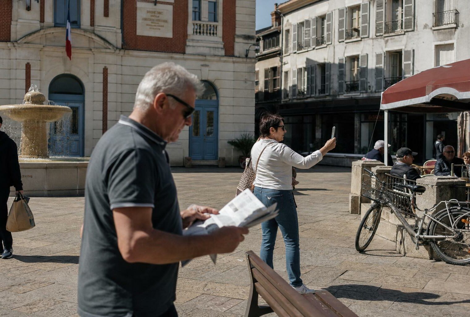 Place de ville moyenne avec passants anonymes, mairie en arrière-plan et journal flou, scène politique du quotidien
