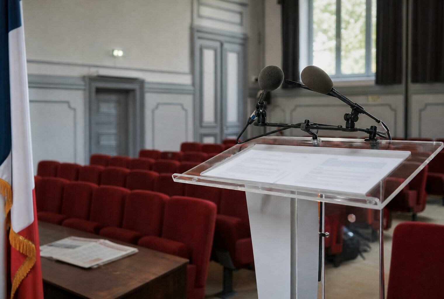 Salle de presse française vide avec pupitre, micros et drapeau tricolore discret pour illustrer le débat de Raphaël Glucksmann sur l’immigration et le service civique.
