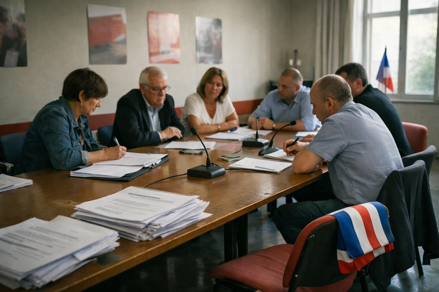 Réunion politique de gauche avec élus anonymes autour d’une table et micros, dans un cadre institutionnel français.