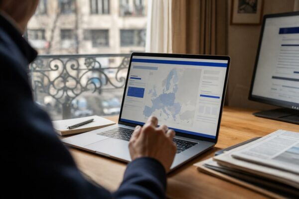 Vue par-dessus l’épaule d’un bureau français avec ordinateur affichant une interface numérique abstraite, main floue au premier plan.
