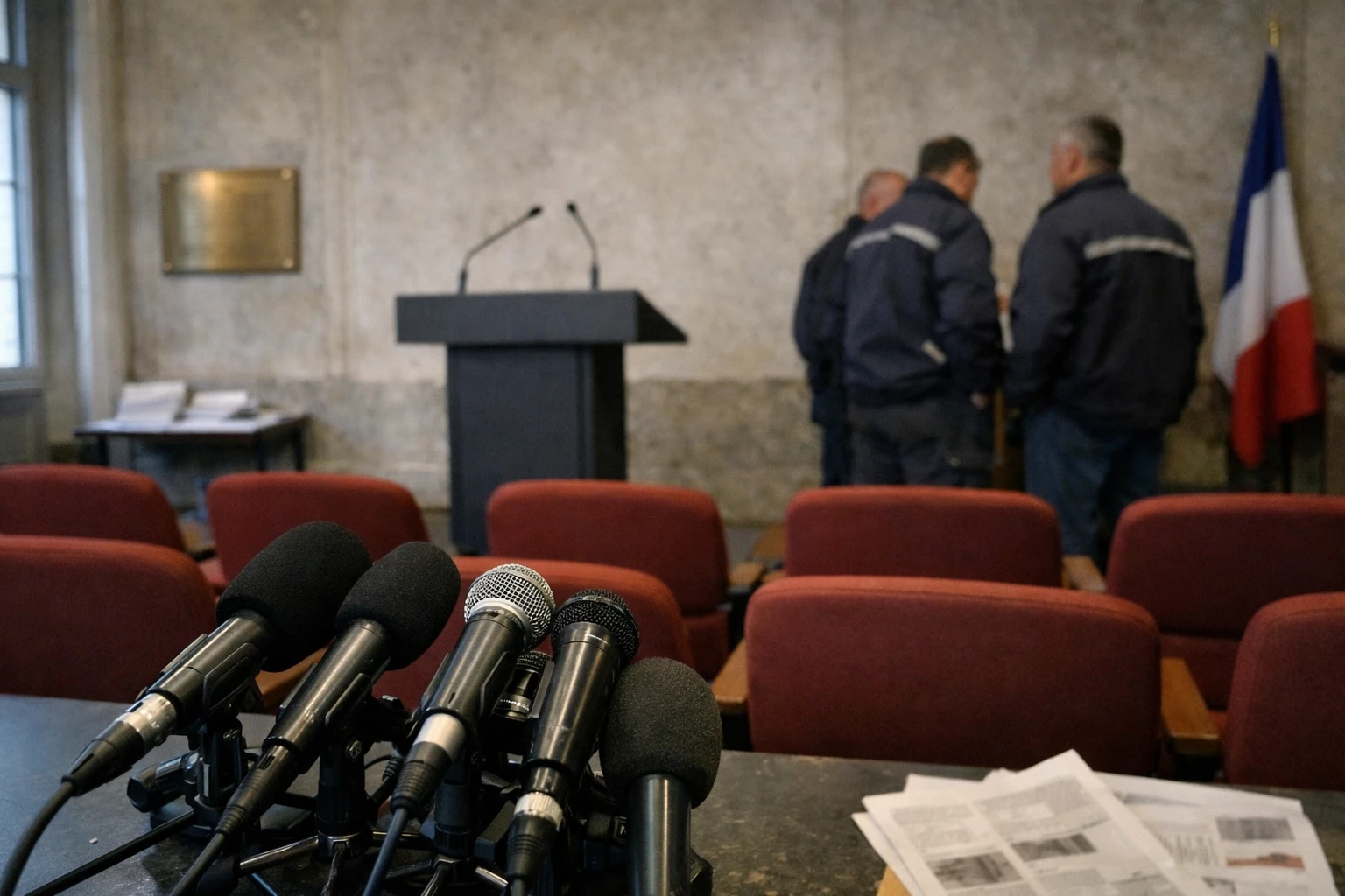 Salle de presse ferroviaire française avec micros, podium vide et cheminots anonymes dans une ambiance documentaire éditoriale