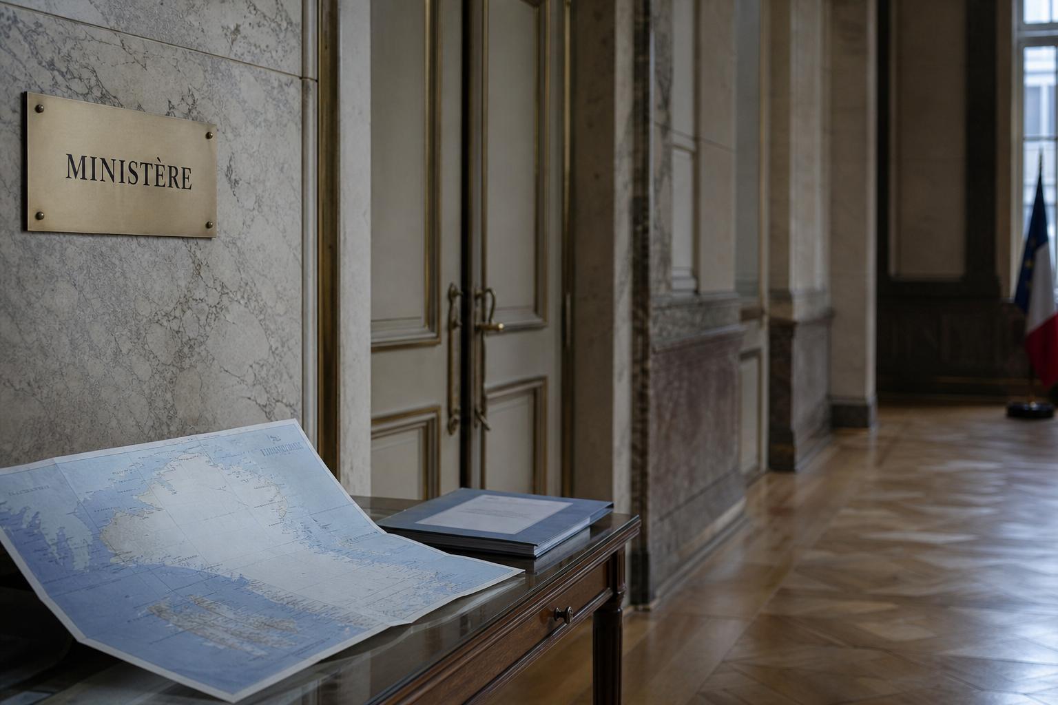 Couloir institutionnel parisien avec carte de l’Arctique sur une table, pour illustrer les enjeux stratégiques autour du Groenland