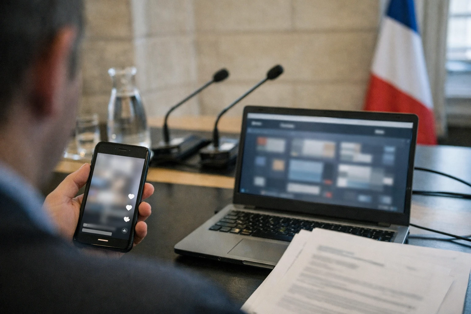 Photojournalisme éditorial d’un smartphone et d’un ordinateur dans une salle de travail diplomatique à Paris, avec micros de presse et drapeau tricolore discret en arrière-plan.