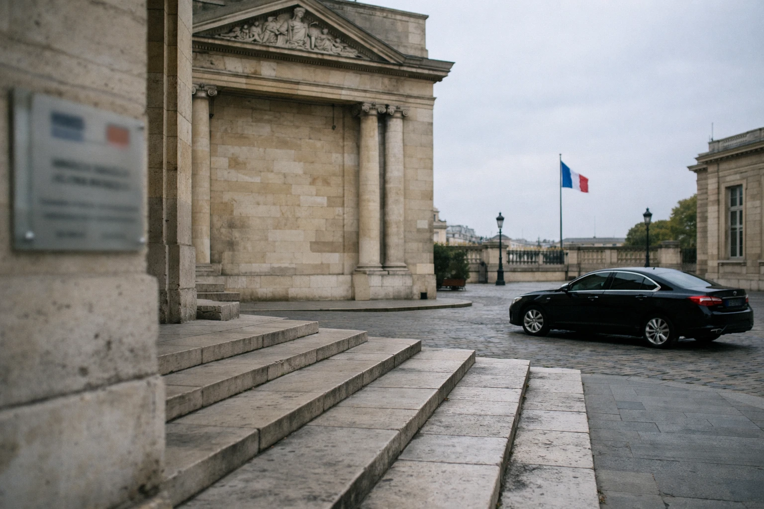 Façade ministérielle parisienne avec drapeau tricolore au loin, illustrant la pression diplomatique européenne liée à la guerre en Iran.