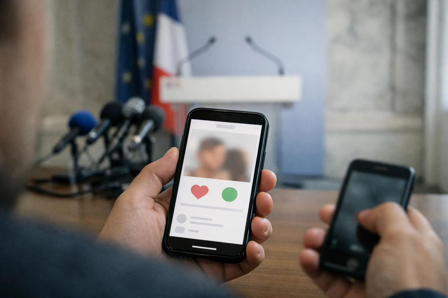 Smartphone showing an abstract dating-app screen in front of a French ministerial press room with microphones