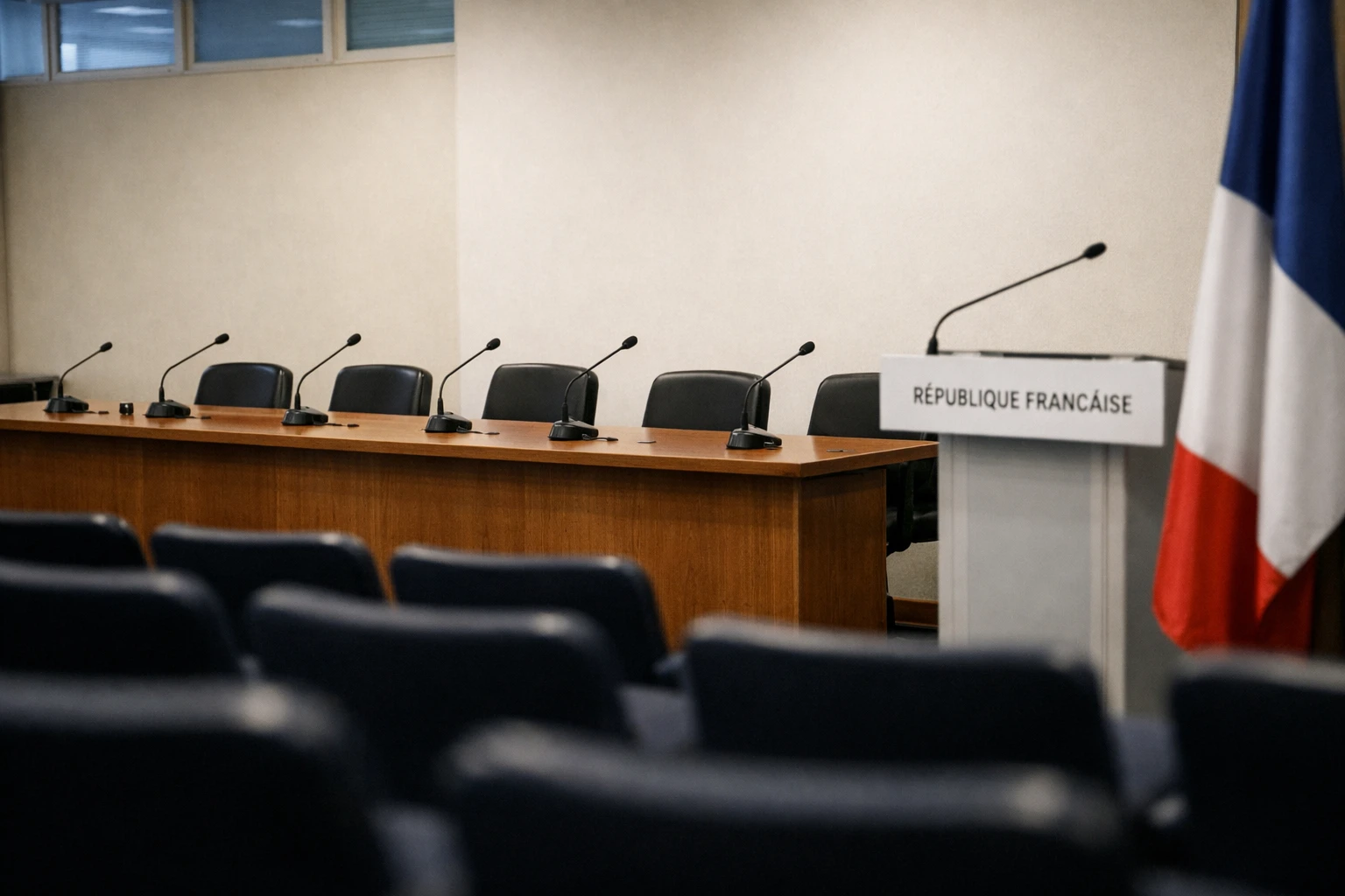 Salle de presse ministérielle préparée pour une conférence sur l’hantavirus, avec micros et drapeau tricolore discret.