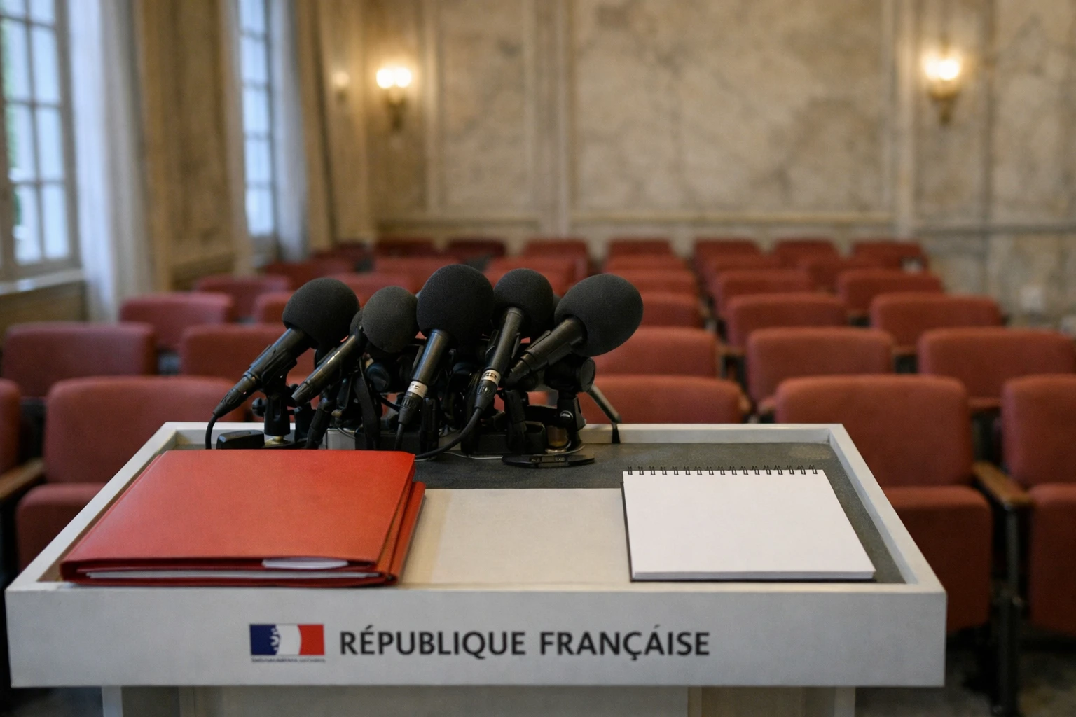 Salle de presse vide à Matignon avec pupitre, micros et dossiers, illustrant la gestion de crise sanitaire.