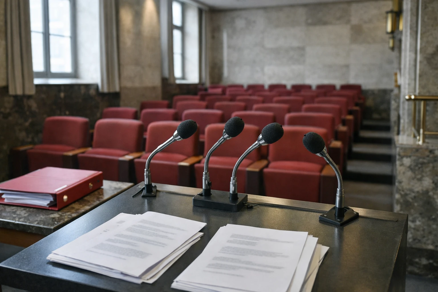 Salle de briefing gouvernementale vide à Paris avec pupitre, micros et dossiers fermés pour illustrer la gestion politique de l’hantavirus.