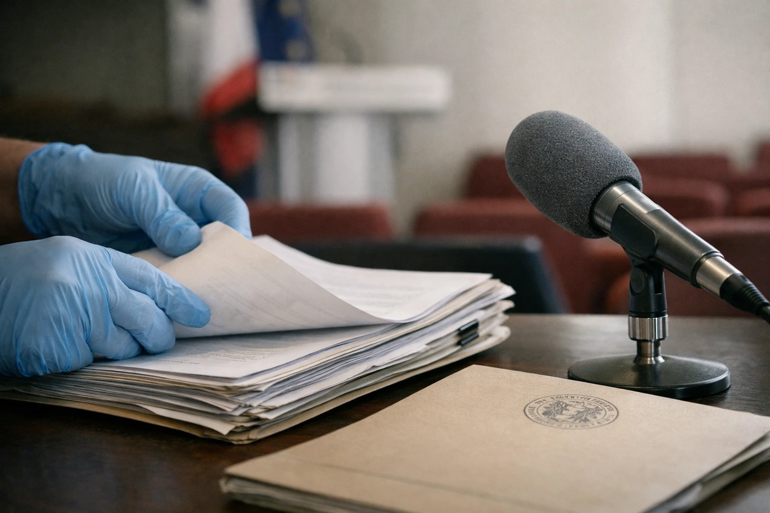 Gros plan photojournalistique dans une salle de presse du ministère de la Santé avec dossier officiel et micro de conférence