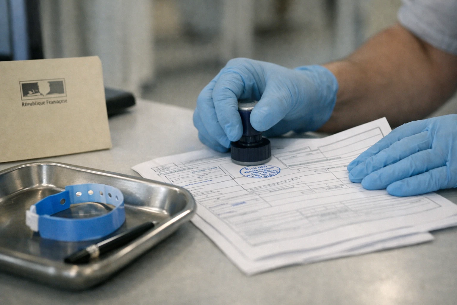 Quarantaine hospitalière en France avec papiers administratifs et mains gantées dans un service médical.