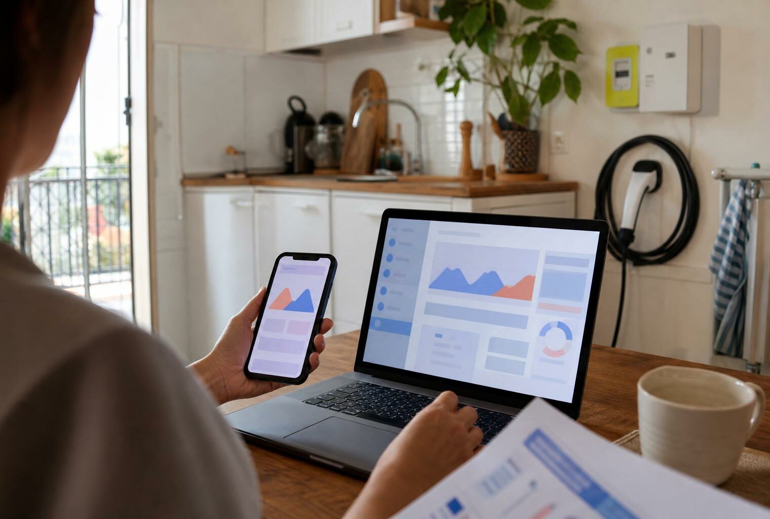 Une personne consulte une application d’électricité sur smartphone dans une cuisine française lumineuse.