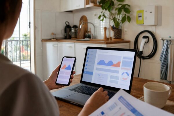 Une personne consulte une application d’électricité sur smartphone dans une cuisine française lumineuse.