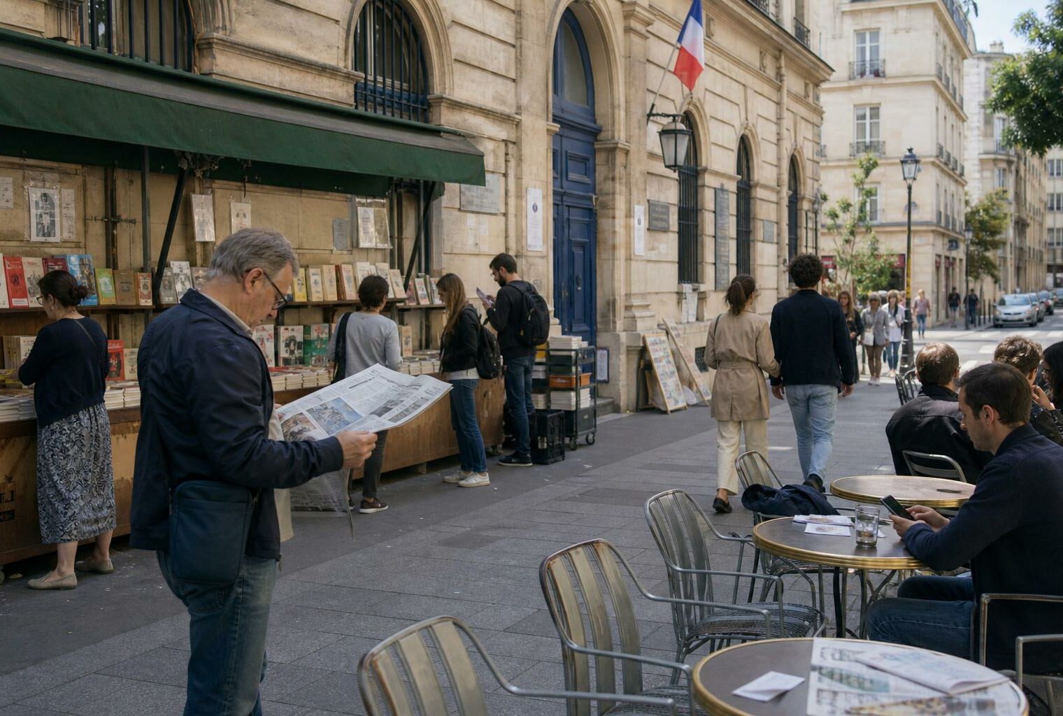 Scène de rue parisienne devant un lieu civique, avec lecteurs anonymes et atmosphère politique discrète.
