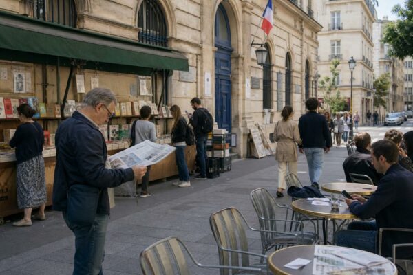 Scène de rue parisienne devant un lieu civique, avec lecteurs anonymes et atmosphère politique discrète.