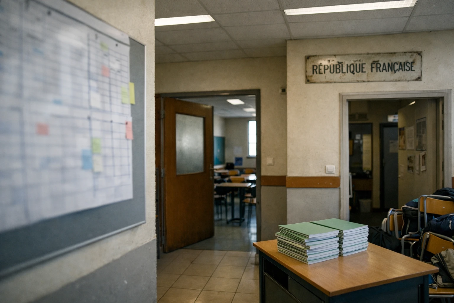 Couloir d’un collège public français avec salle vide et emploi du temps flou, illustrant les heures de cours perdues.