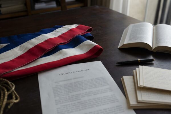 Flat lay d’archives avec écharpe tricolore, lettre officielle et papiers flous pour illustrer l’hommage à Huguette Bouchardeau.