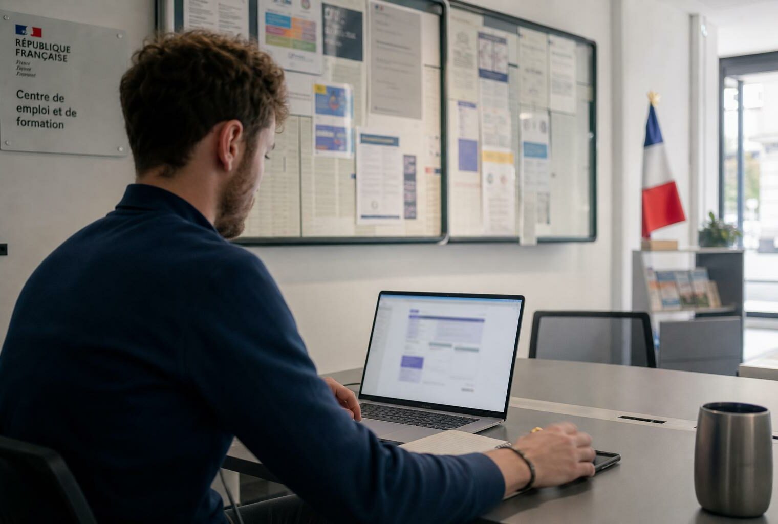 Jeune diplômé consultant un ordinateur dans un centre public d’emploi, avec ambiance éditoriale sur l’IA et les premiers postes.