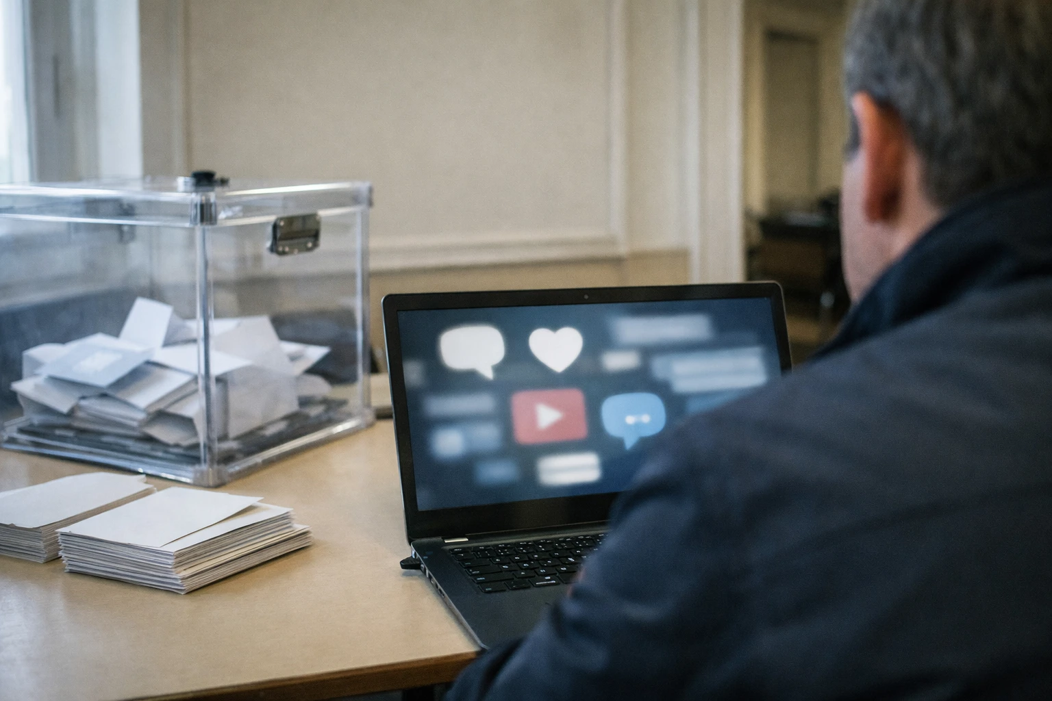 Vue de bureau sur un écran d’ordinateur et une urne transparente dans un contexte de surveillance électorale en France