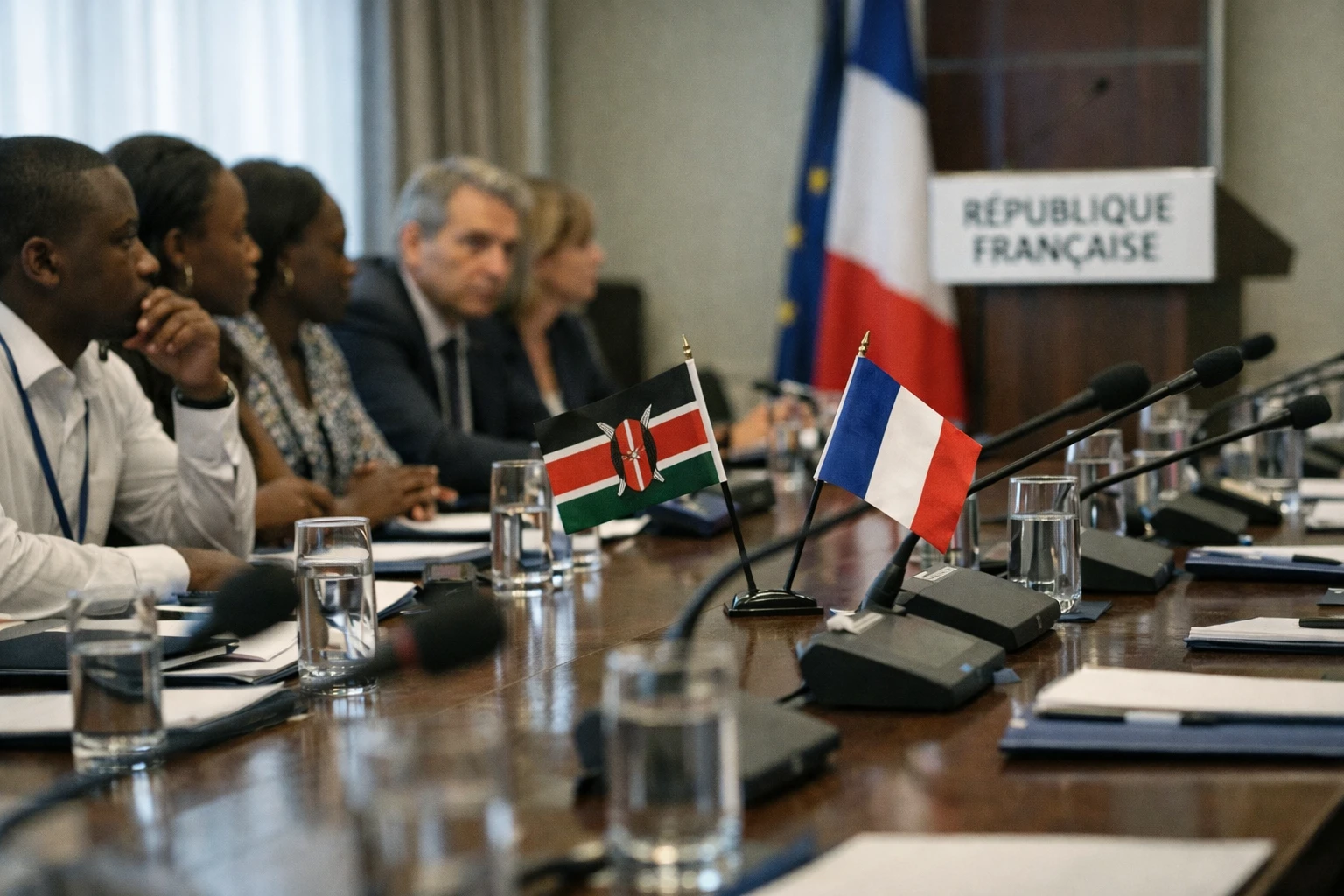 Jeunes Africains et délégation française autour d’une table de sommet à Nairobi, avec micros et drapeaux institutionnels.