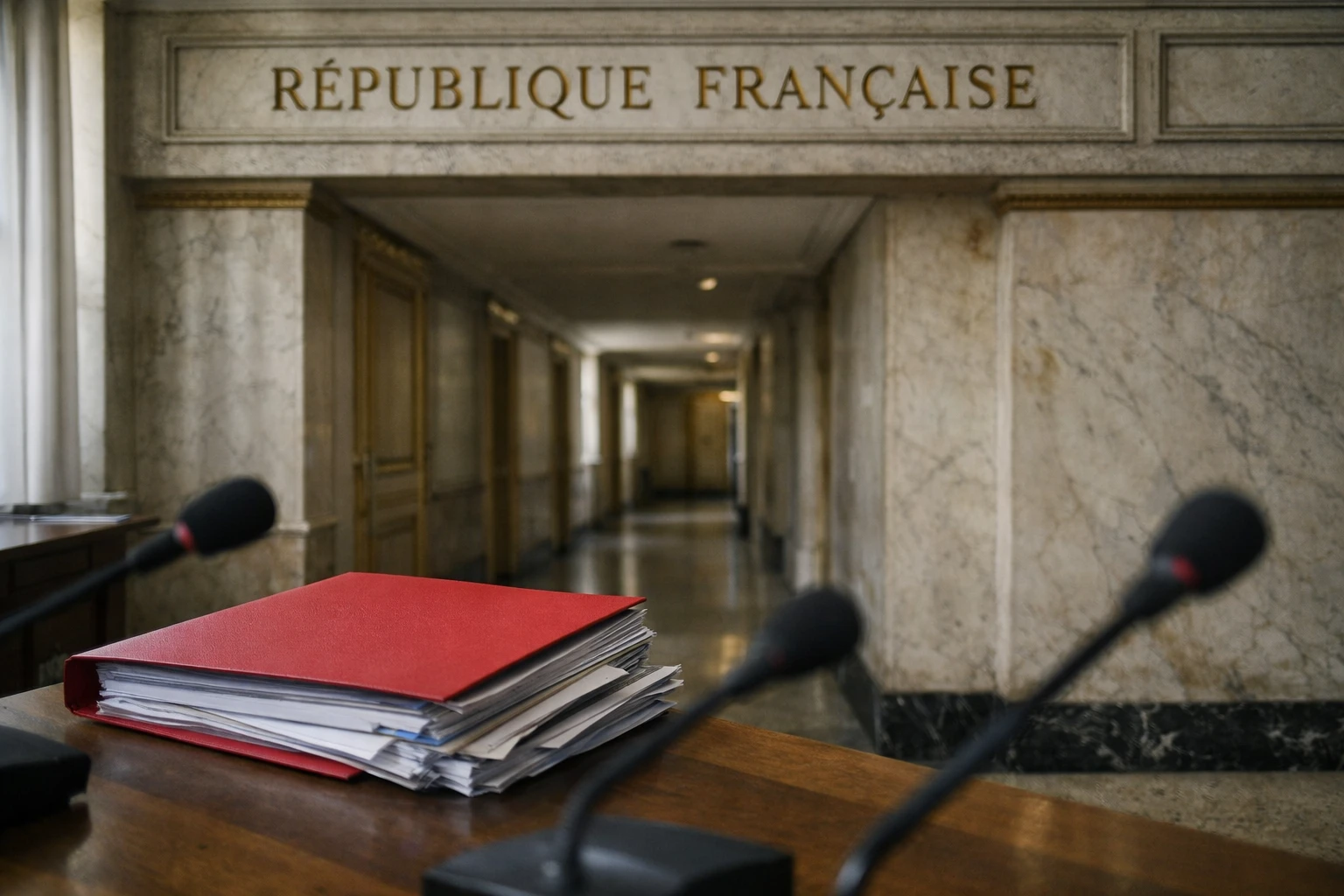 Couloir institutionnel français avec dossier fermé et documents flous sur l’immigration de travail