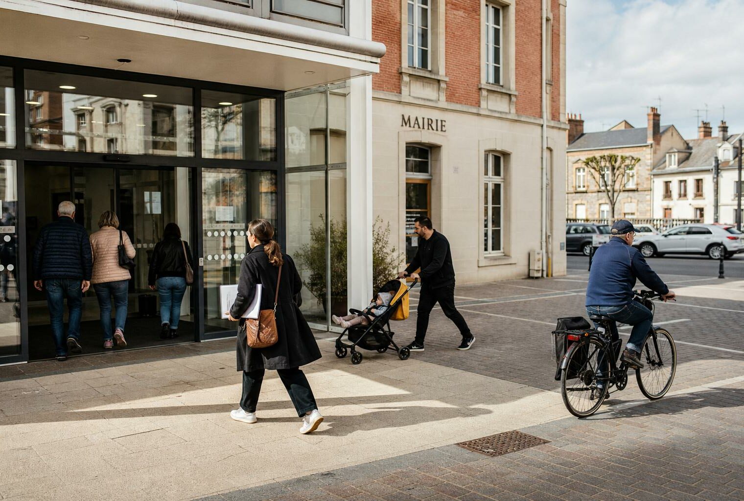 Des passants anonymes devant une mairie française, dans une scène de vie citoyenne en lumière naturelle.