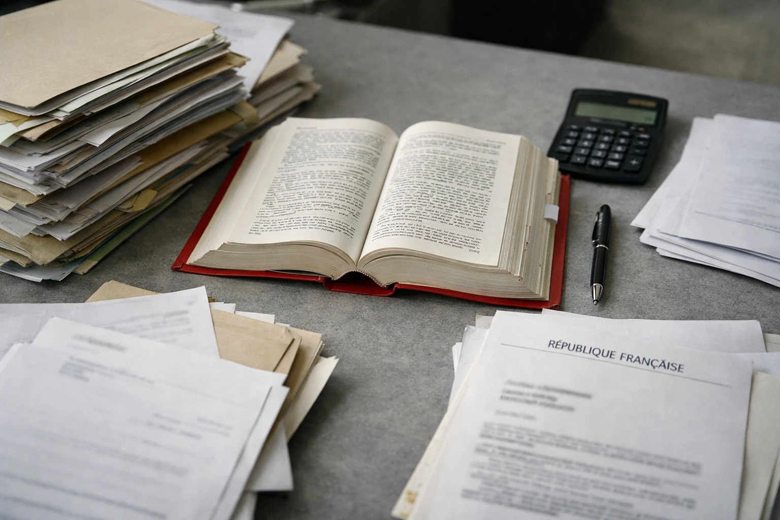 Vue en plongée d’un bureau avec codes juridiques, dossiers administratifs et documents officiels français illustrant l’inflation normative.