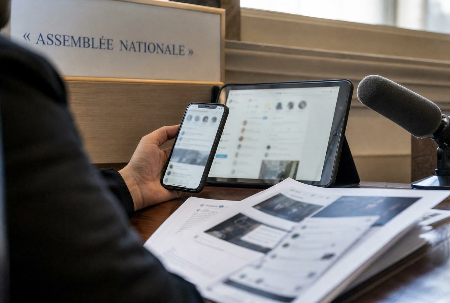 Photojournalisme éditorial d’un smartphone, de documents flous et d’un micro dans un cadre parlementaire français sur fond de signalétique institutionnelle.