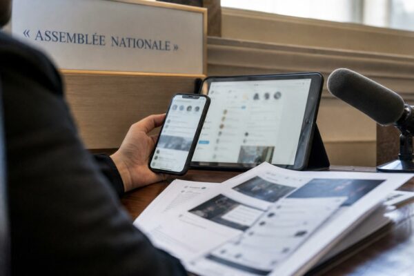 Photojournalisme éditorial d’un smartphone, de documents flous et d’un micro dans un cadre parlementaire français sur fond de signalétique institutionnelle.