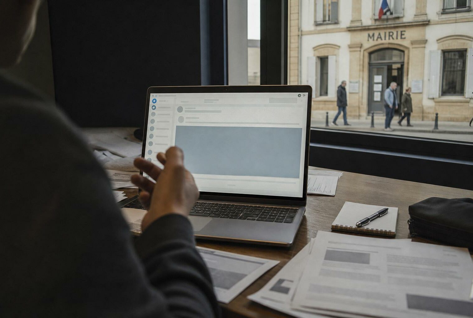Un bureau de surveillance numérique avec ordinateur portable, documents flous et façade de mairie en arrière-plan pour illustrer l’ingérence aux municipales.