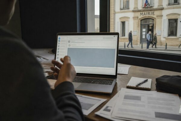 Un bureau de surveillance numérique avec ordinateur portable, documents flous et façade de mairie en arrière-plan pour illustrer l’ingérence aux municipales.