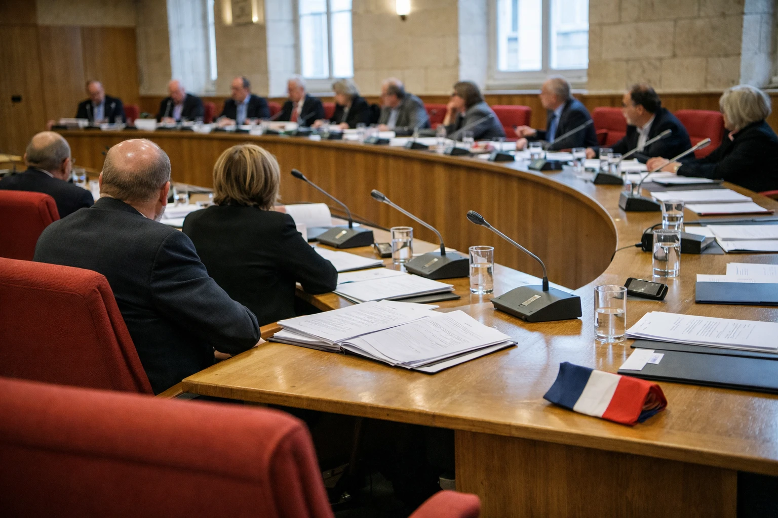 Salle de conseil intercommunal en France avec sièges rouges, micros et élus locaux anonymes