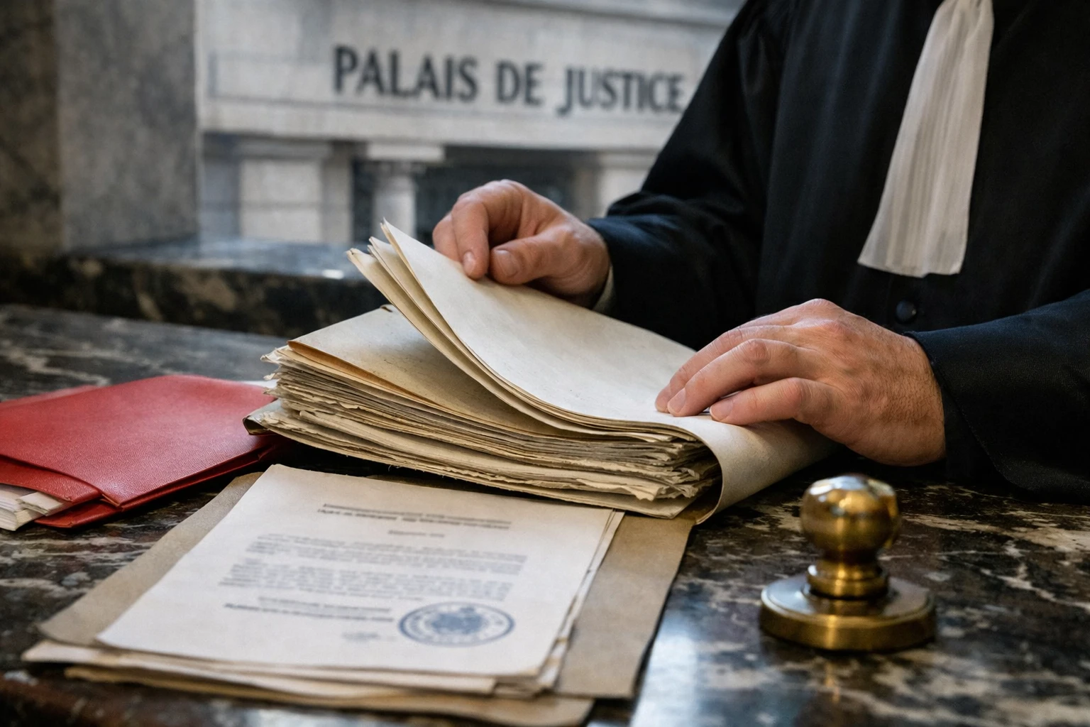 Gros plan photojournalistique sur un dossier judiciaire et une façade de palais de justice français.