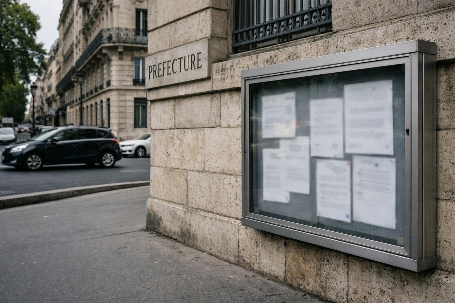 Façade de la préfecture de police à Paris avec signalétique institutionnelle, dans une rue calme après l’interdiction de deux manifestations.