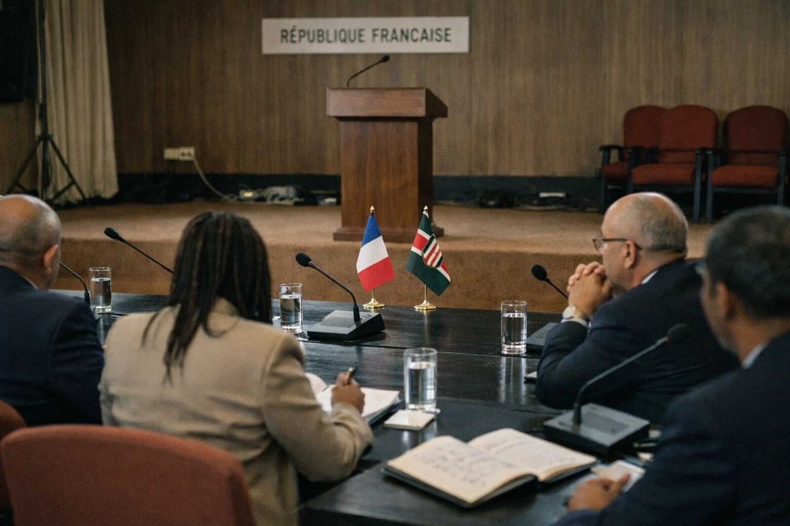 Sommet Afrique-France à Nairobi avec délégués anonymes, micros de presse et petits drapeaux français et kényan