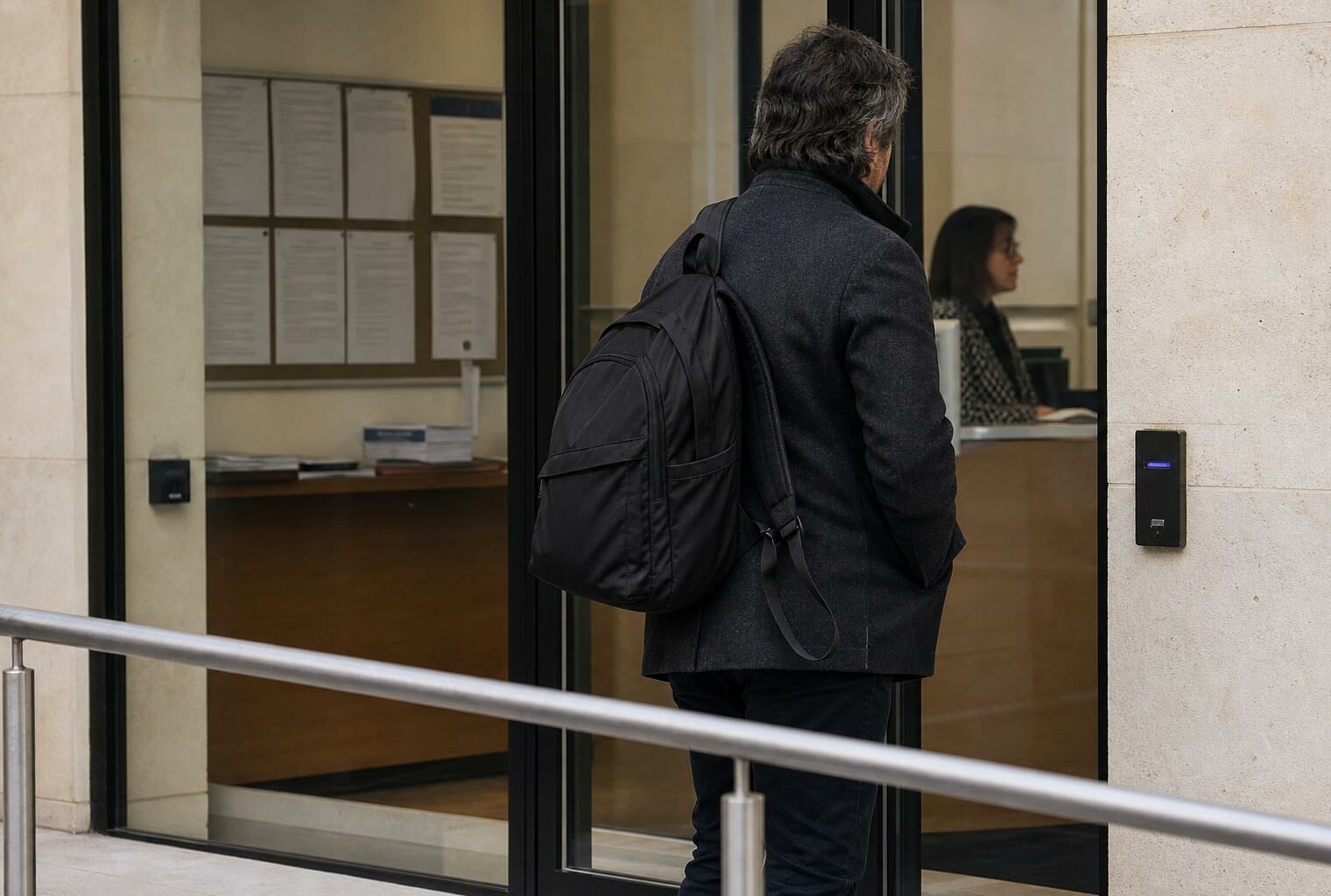 Entrée d’un bâtiment public français avec un visiteur et un accueil discret, scène documentaire lumineuse et calme.