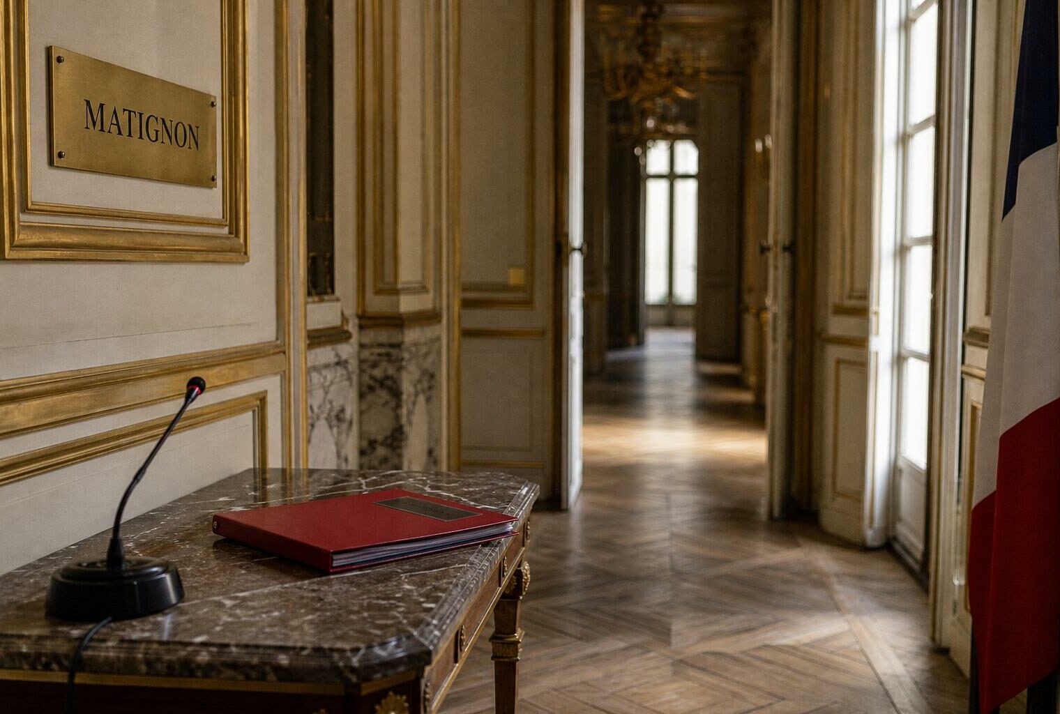 Couloir vide de Matignon avec dorures, parquet et dossier de briefing, dans une ambiance institutionnelle sobre