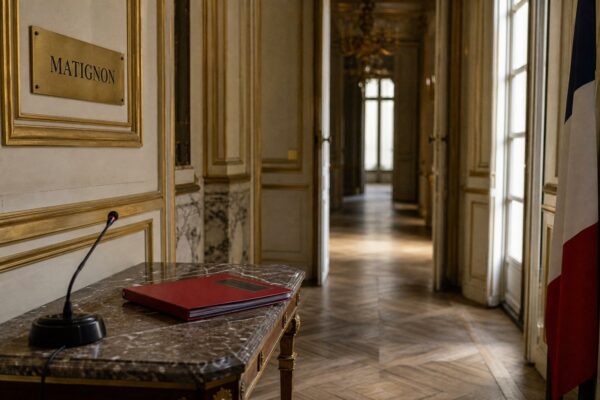 Couloir vide de Matignon avec dorures, parquet et dossier de briefing, dans une ambiance institutionnelle sobre