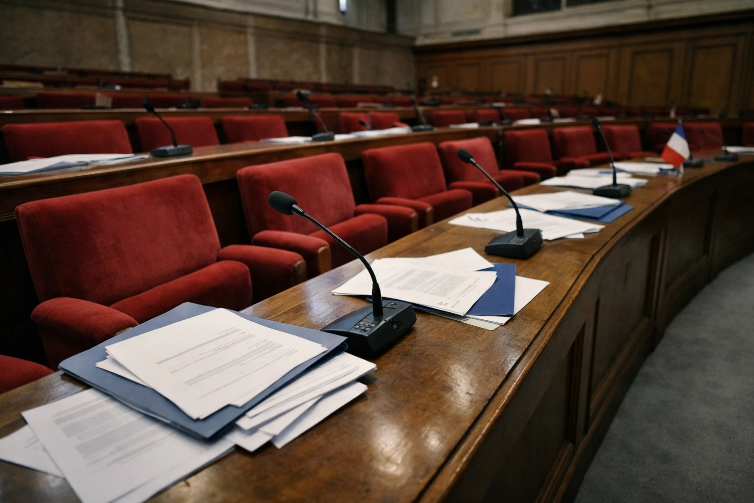 Salle de commission de l’Assemblée nationale vide avec micros et dossiers, dans une ambiance de négociation politique.