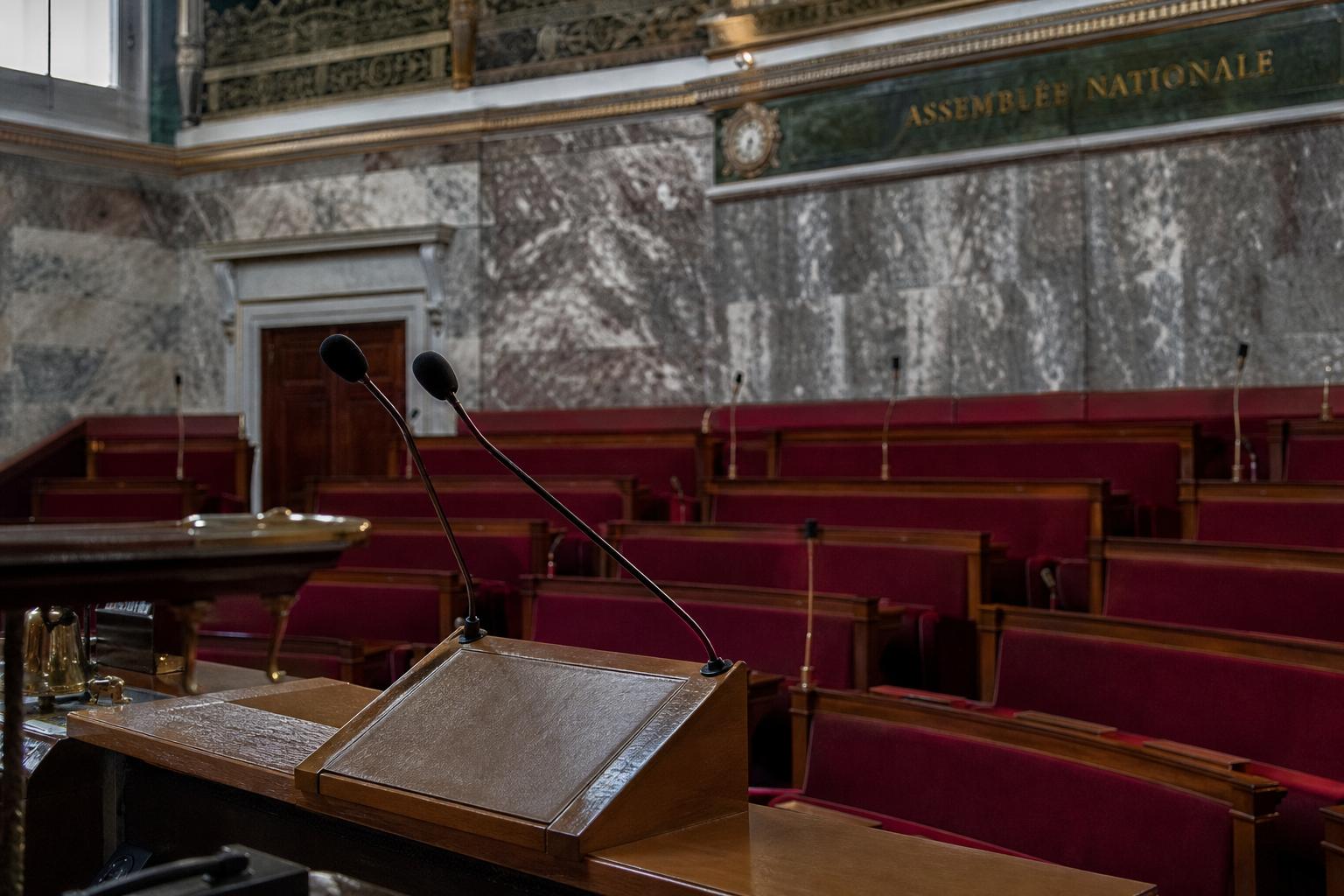 Salle de presse de l’Assemblée nationale avec pupitre vide et micros, dans une ambiance institutionnelle sobre.
