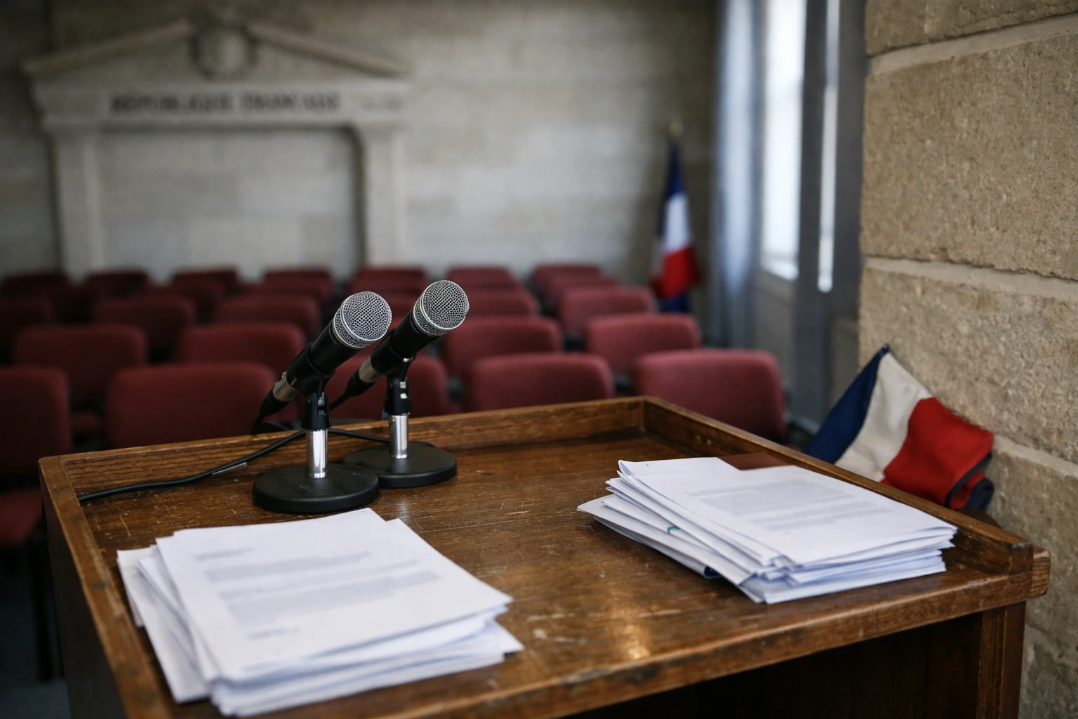 Salle de presse institutionnelle vide à Toulouse avec pupitre, micros et drapeau tricolore discret pour l’annonce de la LGV Sud-Ouest