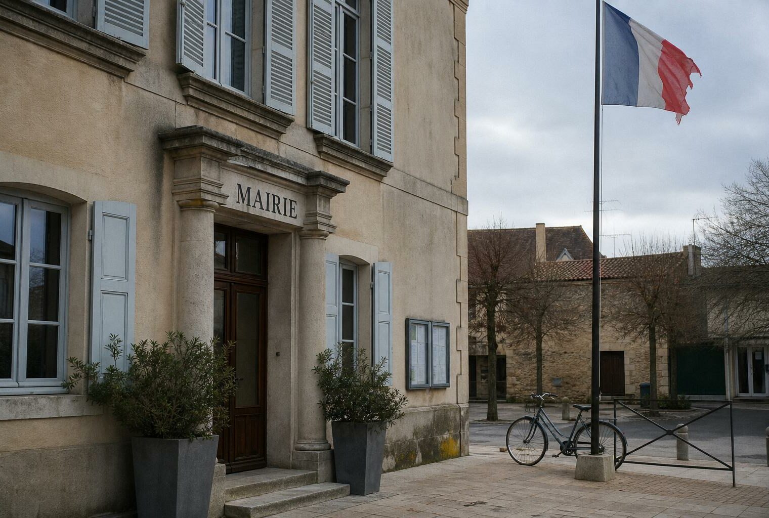 Façade d’une mairie française dans une place calme, avec drapeau tricolore discret, illustrant le débat sur la liberté locale.