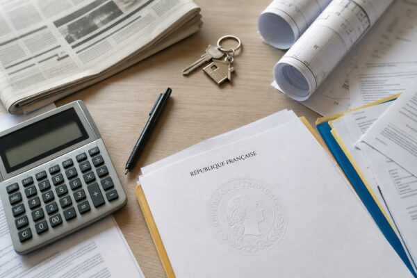 Vue de dessus d’un bureau administratif français avec dossiers, calculatrice, clés et document officiel sur le logement abordable.