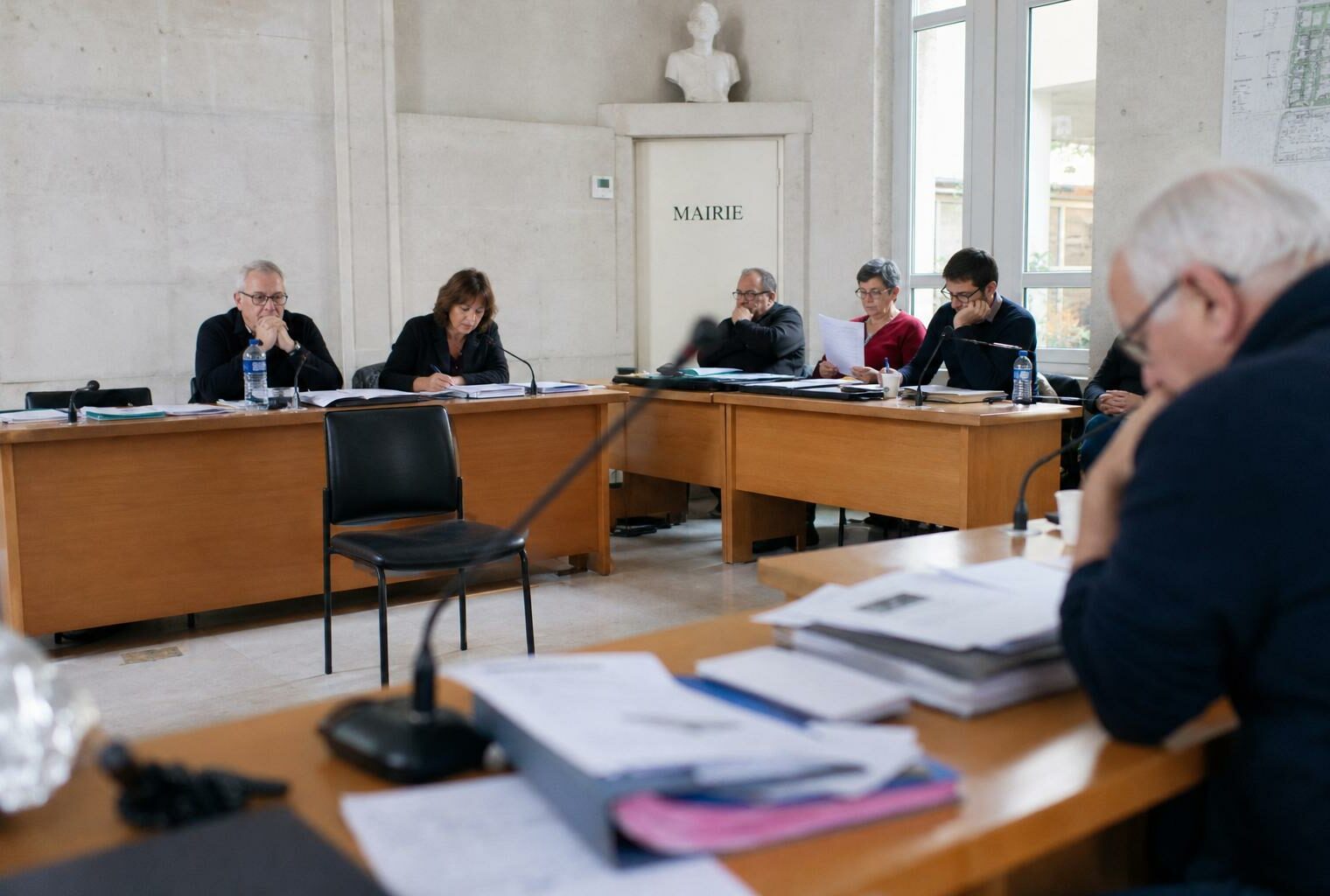 Salle municipale lumineuse avec micros, dossiers flous et chaise vide, scène de conseil local sur le logement.