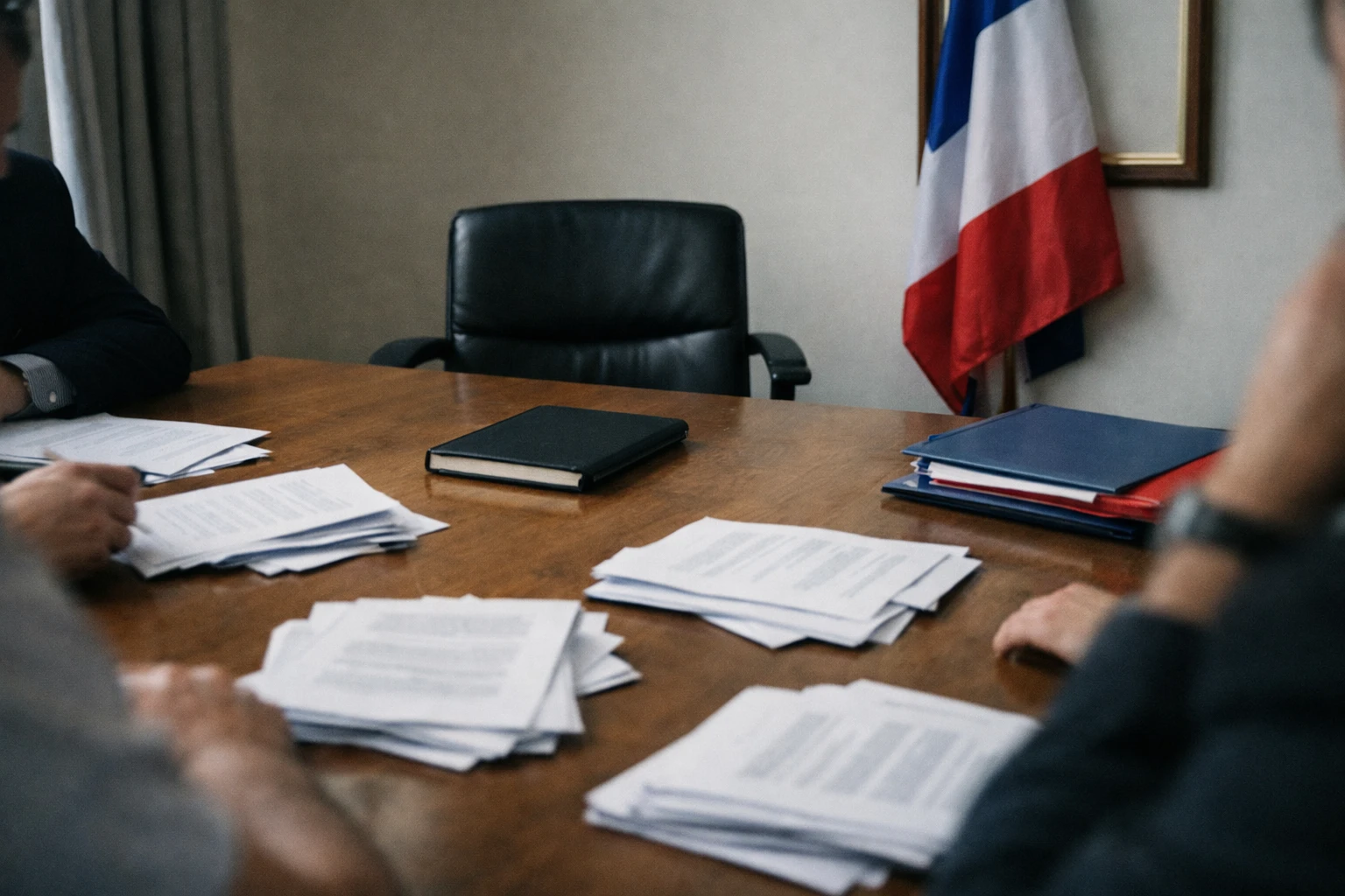 Réunion politique anonyme dans un bureau parisien, avec documents flous et drapeau tricolore discret en arrière-plan